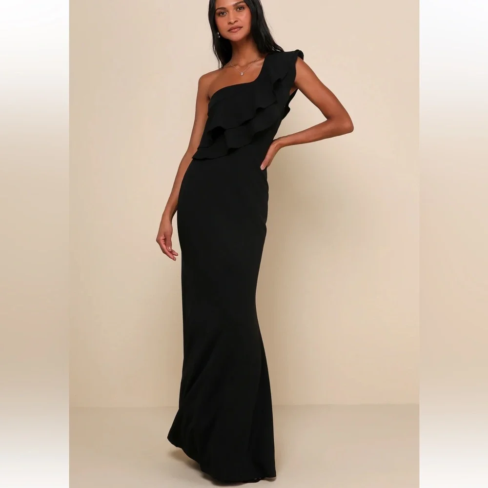 Lulus Grand Beauty Black Ruffled One-Shoulder Mermaid Maxi Dress Small - Picture 9 of 9